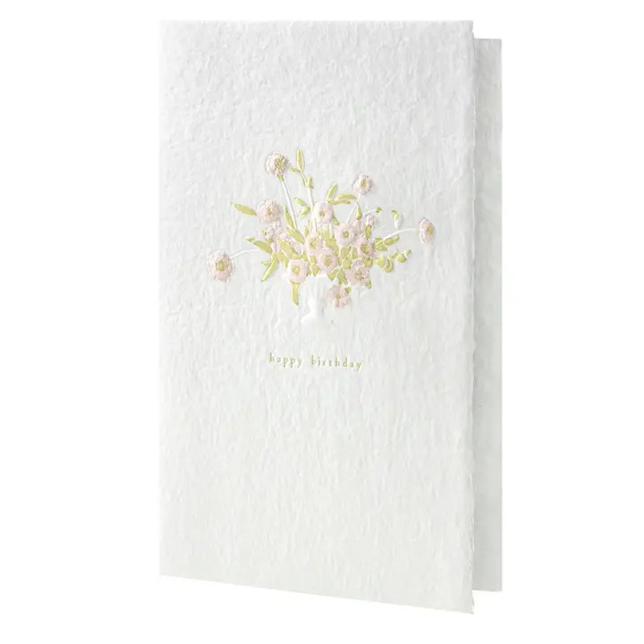 Happy birthday letter press card with bouquet of soft pink flowers.  Handmade greeting card.