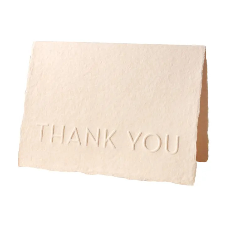 Thank you card.  Blind embossed letterpress Thank You on blush handmade recycled cotton paper,