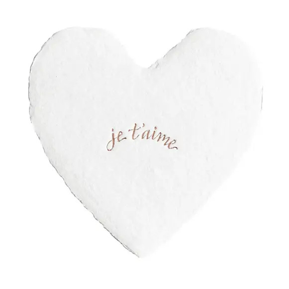 je t'aime  - rose gold foil letterpress on full-deckle white handmade recycled cotton paper - 3 x 3 inch flat petite foiled heart