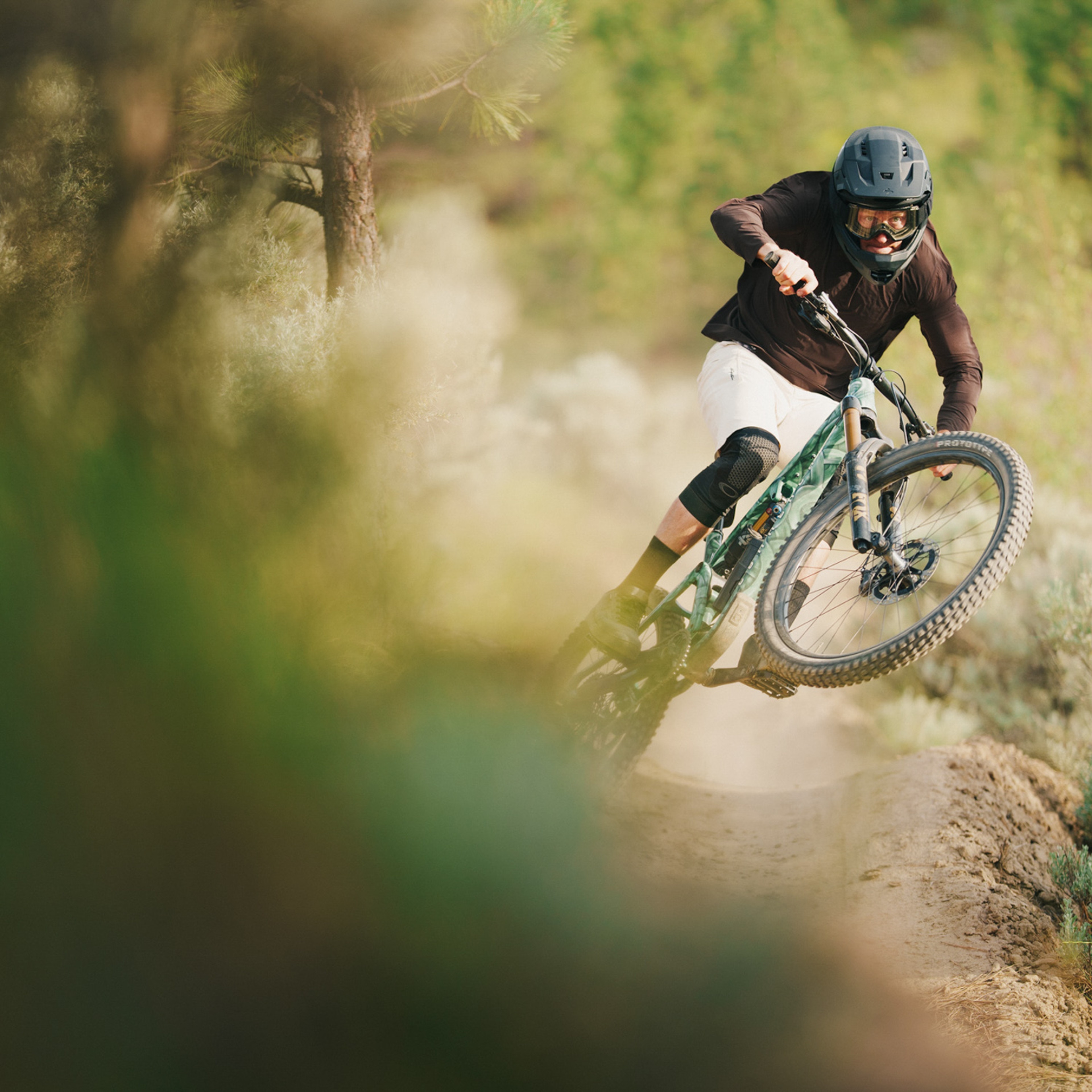 Mountain bike riding in whitecap grey shorts
