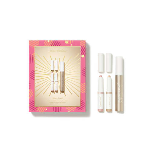 Jane Iredale Starry Eyed set with mini ColorLuxe Eye Shadow Sticks, Lash Fixation Tubing Mascara and holiday box
