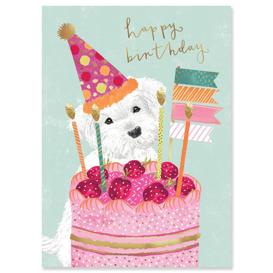 Pup With Strawberry Cake | Birthday Greeting Card | LOUISE TILLER
