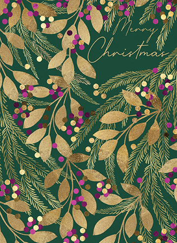 [BOXED SET] Pink Berries On Dark Green | Holiday Greeting Cards | CARTE