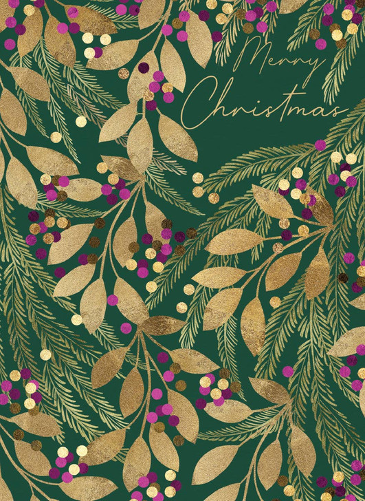 Pink Berries On Dark Green | Holiday Greeting Card | CARTE