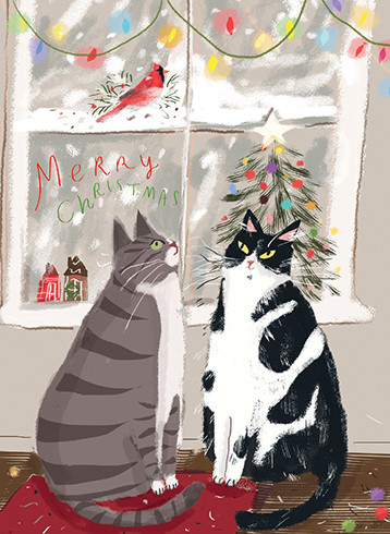Cats And Cardinal | Holiday Greeting Card | CARTE