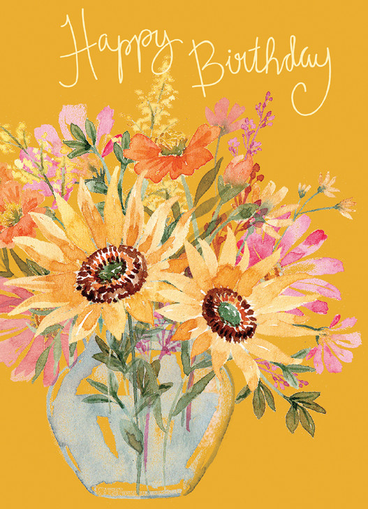 YELLOW FLOWERS IN VASE BIRTHDAY GREETING CARD 4.5 X 6.25"