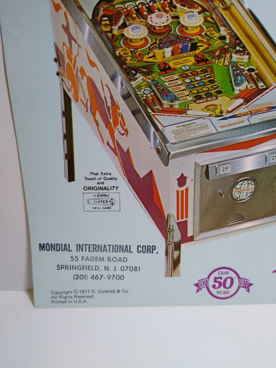 Cleopatra Pinball Machine Flyer Vintage 1977 Game Art 8.5