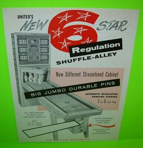 6 Star Regulation Shuffle Alley Arcade Game FLYER United 1958 Original Artwork
