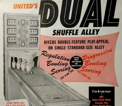 Dual Shuffle Alley United Arcade FLYER Original Puck Bowler Game Art Print 1958