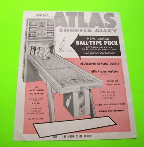 Atlas Shuffle Alley FLYER Original NOS United Bowling Game Artwork Sheet 1958