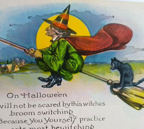 Halloween Postcard Green Dress Witch On Broom NYCE Series 363 Vintage Unused