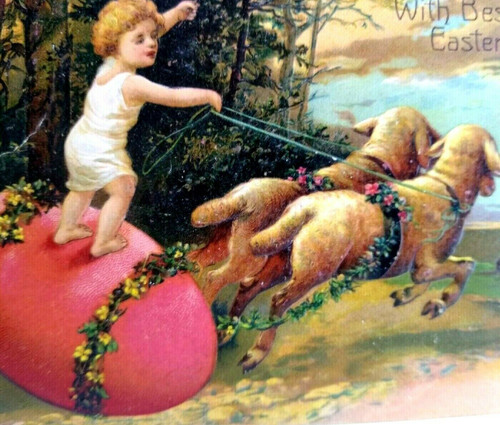 Easter Postcard Fantasy Child Lamb Egg Buggy Embossed Vintage 5837 PF Germany