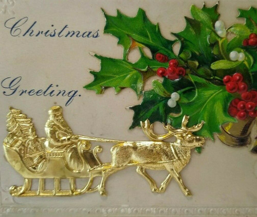 Santa Claus & Reindeer Christmas Postcard Gold Raised Image SL & Co. 3-D Emboss