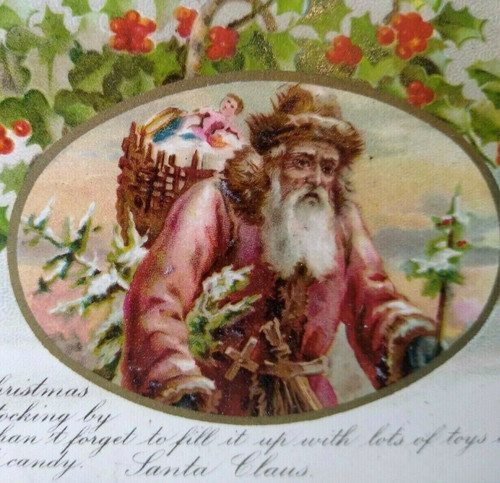 Santa Claus Christmas Postcard Maroon Suit Coat Old World Oval Fort Atkinson WIS