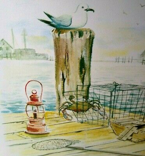Seagull Art Print Crab Trap Bay Harbor Nautical Seaside Dock Gulls T Rex 10x13"