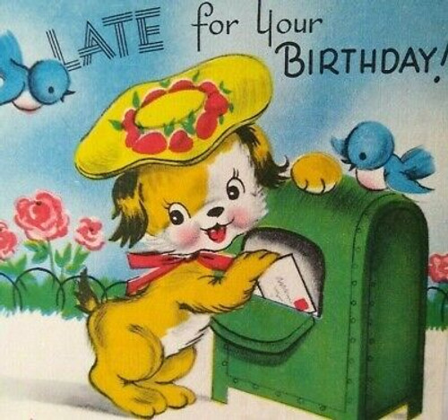 Mid Century Modern Dressed Puppy Dog Blue Birds Birthday Greeting Card Vintage