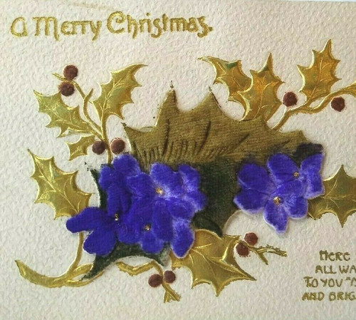 Christmas Postcard Fabric Purple Flowers Over Gold Holly Embossed Vintage Card