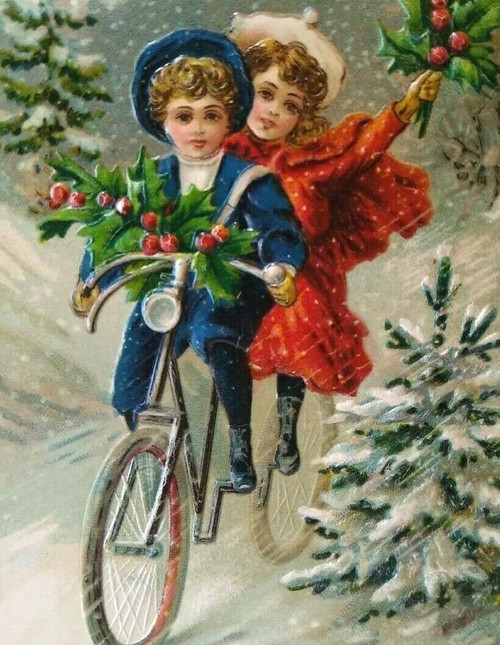 Christmas Postcard Victorian Children Rides Bicycle Meridian 1908 BW 296 Germany