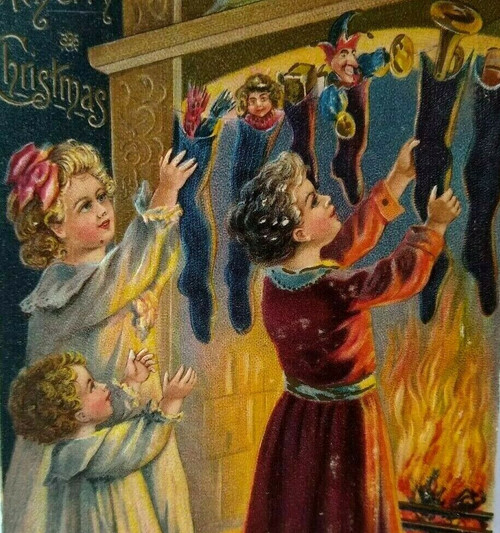 Christmas Postcard Sander Stockings Over Fireplace Embossed Attleboro Mass 1907