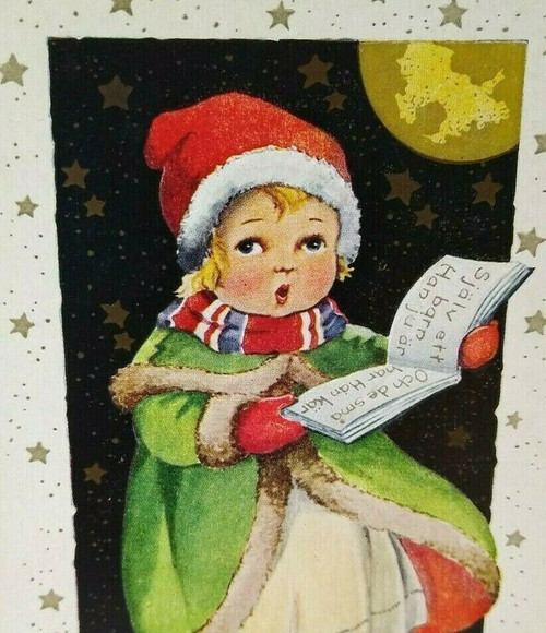 Christmas Postcard Whitney Child Singing Carols Stars Moon Light Vintage Unused