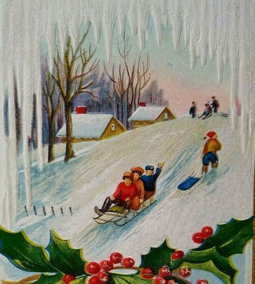 Christmas Postcard Gold Border Embossed Children On Sled Icicles Snow Nash c 35