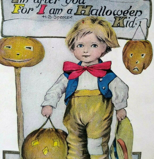 Halloween Postcard Farmer Boy Pumpkins Fantasy HB Spencer Artist CD Clen Denning