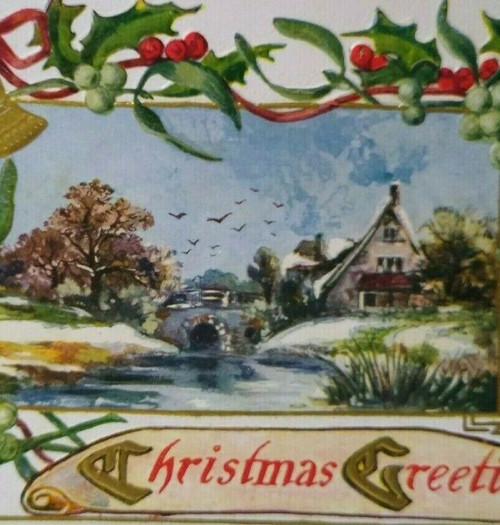 Christmas Postcard Cottage Seagulls Birds Poinsettia Gold Bells Embossed Vintage