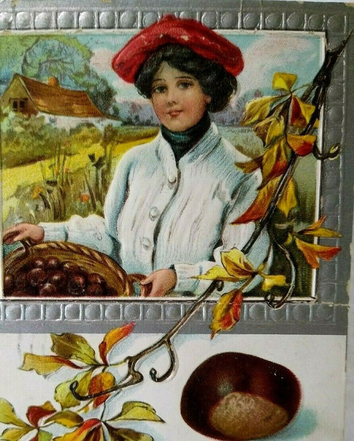 Lady With Chestnuts Basket Postcard Vintage Embossed AMP Milwaukee WIS 1911