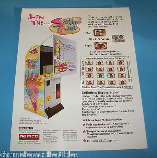 STICKER CLUB By Namco 1996 ORIGINAL NOS Arcade Vending Machine Promo Sales FLYER