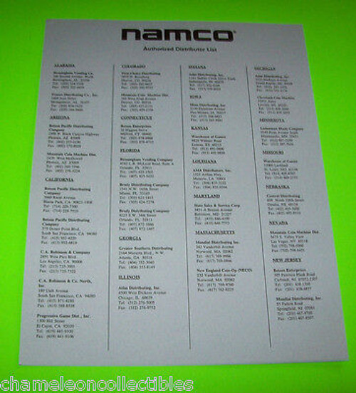 NAMCO USA DISTRIBUTOR LIST 1994 ORIGINAL FLYER WITH NAMES AND ADDRESSES