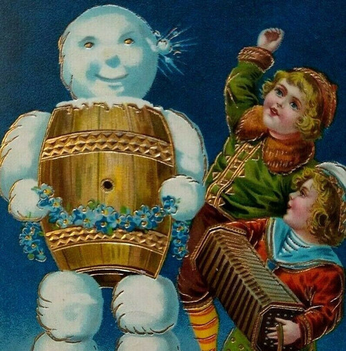 Victorian Snowman Children Merry New Year Postcard 1223 Gel Germany Otto Schloss