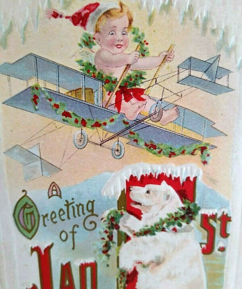 New Years Postcard Polar Bear Baby Flying Airplane Vintage Series 576 J Herman