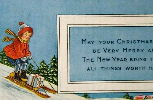 Antique Merry Christmas Postcard Child On Sled Vintage New Year Original Vintage