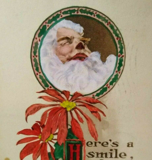 Santa Claus Face Poinsettias Christmas Postcard Gibson 1913 Waltham Mass Vintage