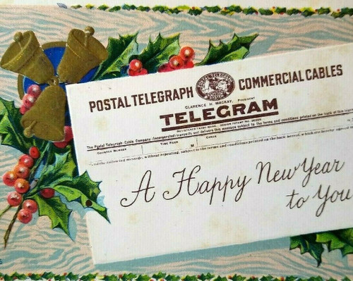 New Year Telegram Postcard Holly Branches Golden Bells Embossed Vintage 425