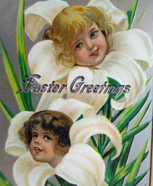 Easter Postcard Humanized Flower Head Girls Fantasy Embossed Anthropomorphic