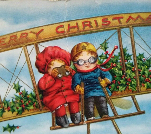 Christmas Postcard Looking For Santa Kids In Airplane Aircraft Whitney Vintage