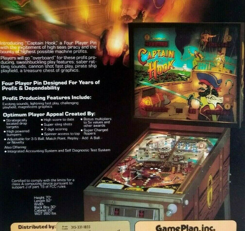 Captain Hook Pinball Machine Flyer Original Vintage Game Plan Game Promo 8" x 11
