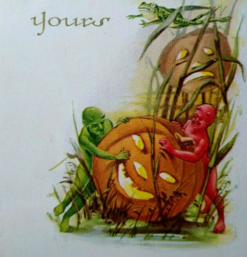 Halloween Postcard Fantasy Red & Green Devils In Swamp Frog Giant JOL Gibson
