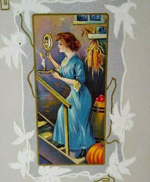 Halloween Postcard Victorian Women With Hand Mirror On Staircase 345 F Stecher