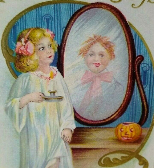 Halloween Postcard Victorian Child With Candle Ghost In Mirror 226 A Stecher