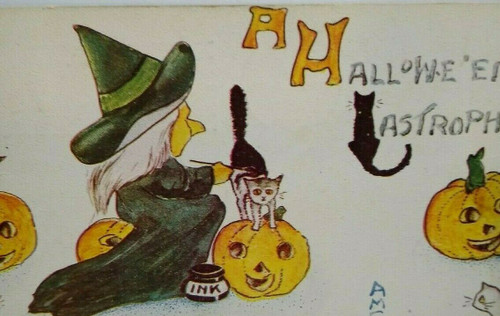 Original Halloween Postcard Witch Paints A Black Cat Series 860 FA Owen Unused