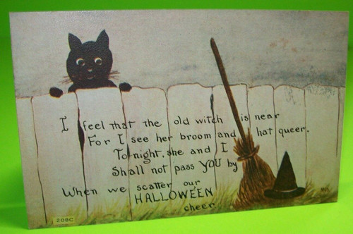 Antique Halloween Postcard Black Cat F A Owen Series 208C MHS Witches Broom Hat