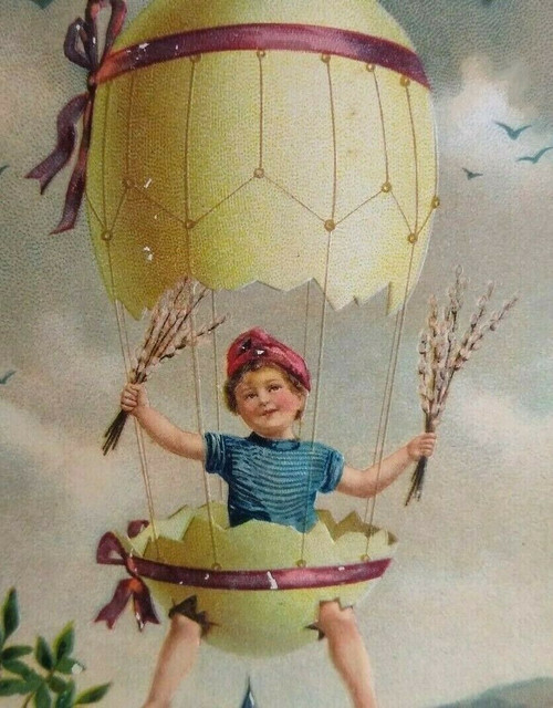 Easter Postcard Fantasy Hot Air Balloon Cracked Egg Child Germany Vintage PFB