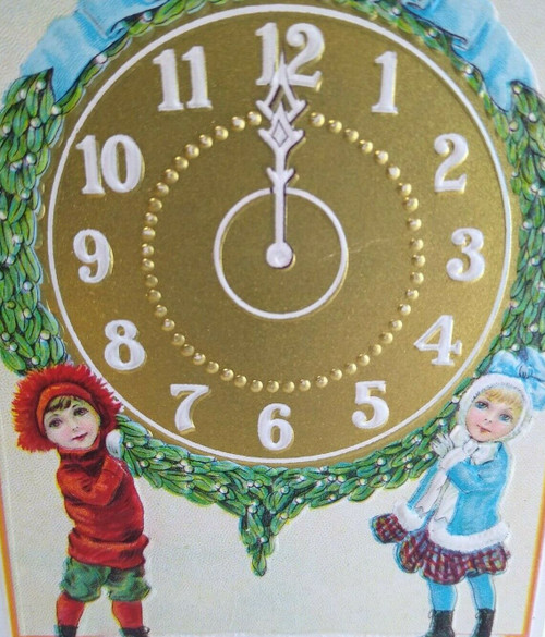 New Years Postcard Children Big Gold Clock Wreath 1912 Series 203 C Stecher