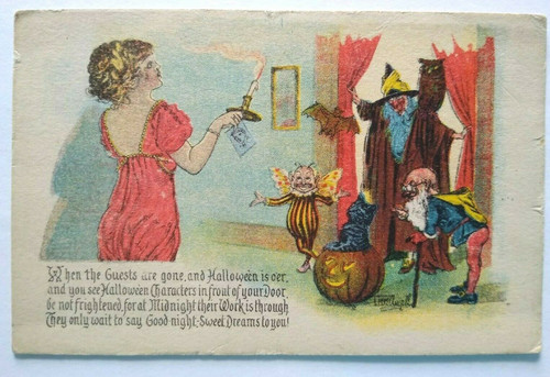 Antique Halloween Postcard Gottschalk Series 5050 Weird Fairy Dwarf Witch Owl