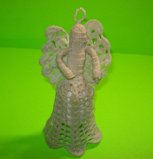 Hand Crochet Angel Christmas Ornament Halo White 7" Tree Topper White Fabric