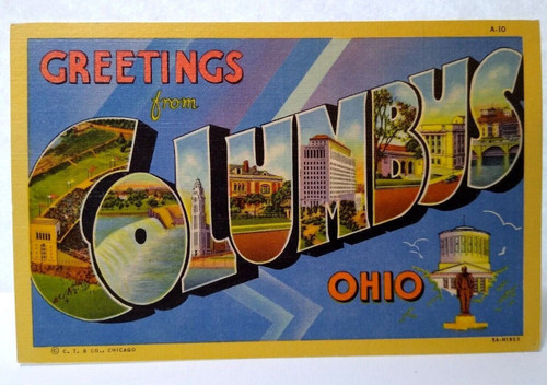 Greetings From Columbus Ohio Large Big Letter Postcard Linen Gold Border Unused