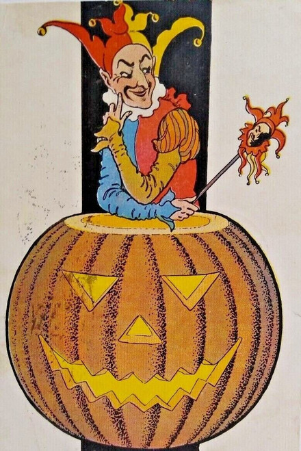Halloween Postcard Fantasy Jester Pops Out Of JOL Pumpkin Unusual Card 1907 Okla
