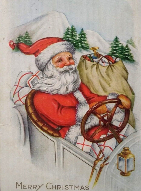 Santa Claus Driving Auto Car Postcard Christmas Snow Covered Mountains Whitney